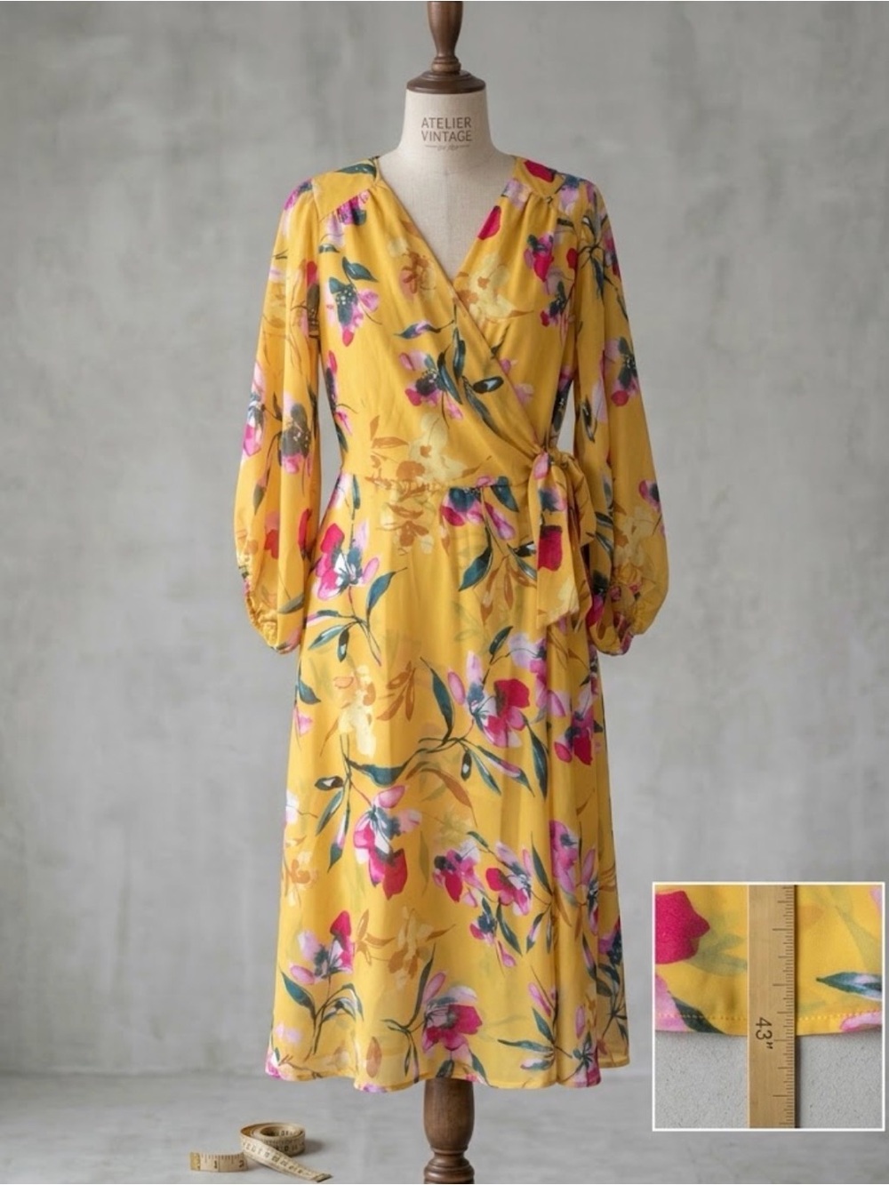 Faux Wrap Dress Balloon Sleeve 14W Yellow Floral Midi Chiffon V-Neck Robbie Bee